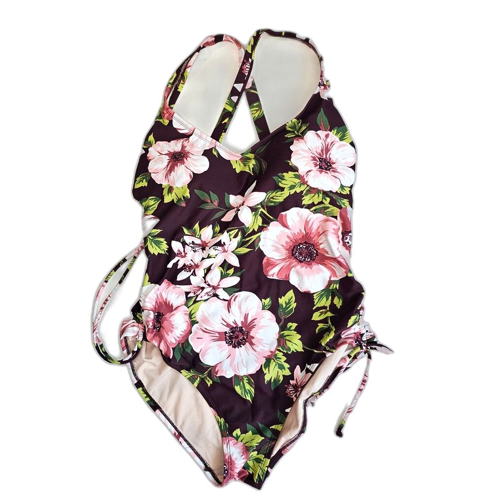 Kona Sol Floral Strappy One Piece Swimsuit Bathing Suit sz L
